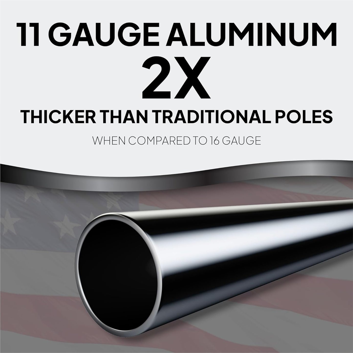 11 gauge aluminum pole with text highlighting thickness compared to traditional poles on a white background.