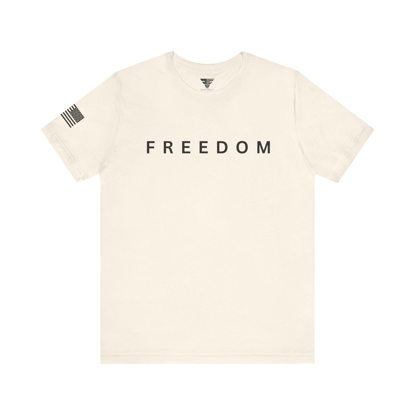 Beige t-shirt with 'FREEDOM' text on a white background