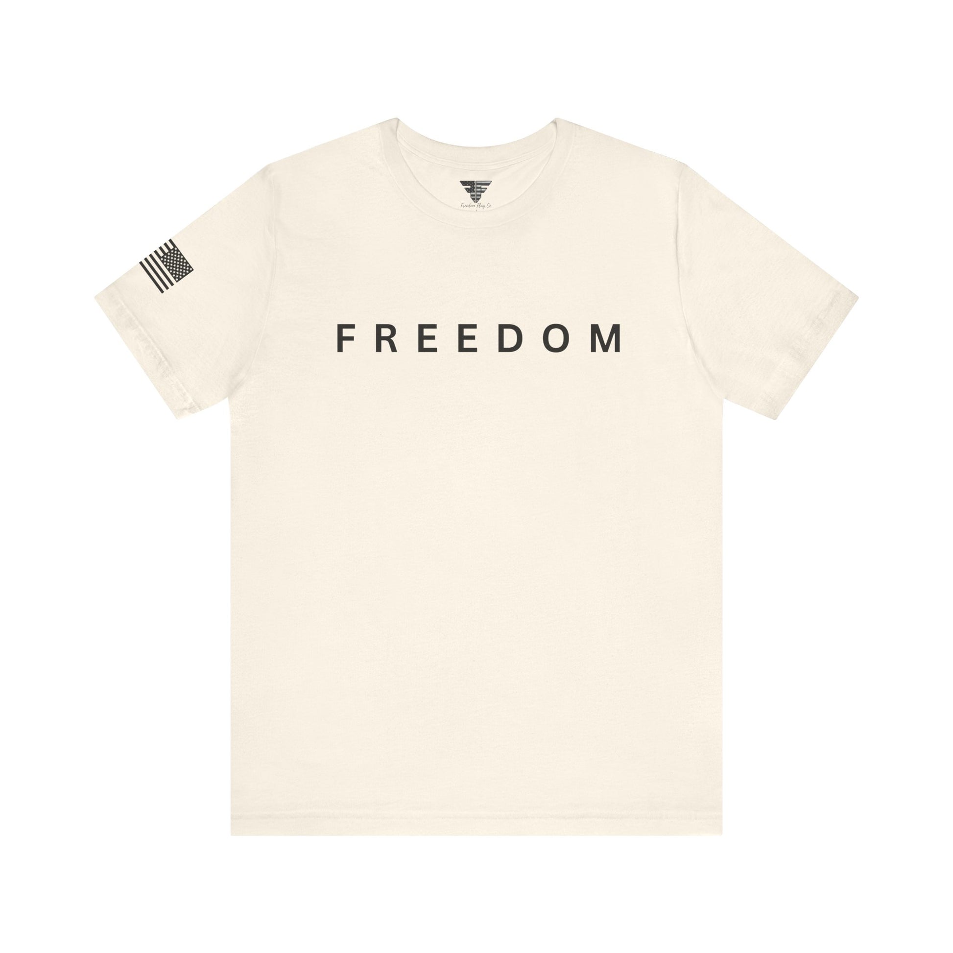 Beige t-shirt with 'FREEDOM' text on a white background