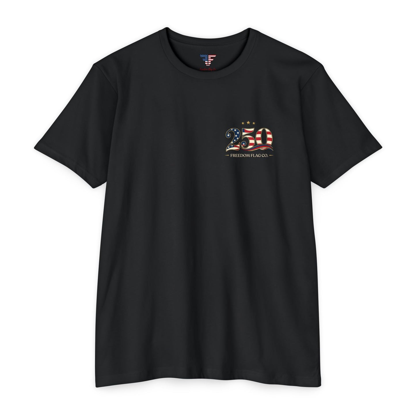 Black t-shirt with a graphic design on a white background