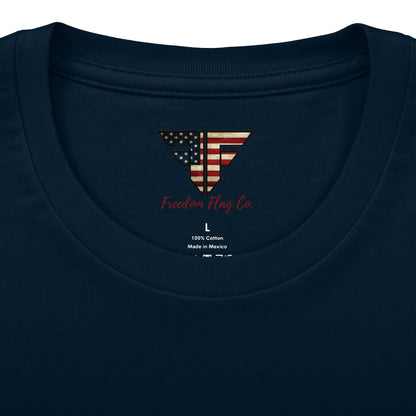 Freedom Loaded distressed Stars and Stripes crew tee product mockup