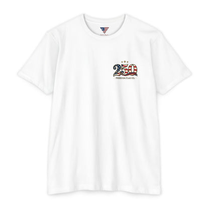 White t-shirt with a small logo on the chest against a white background