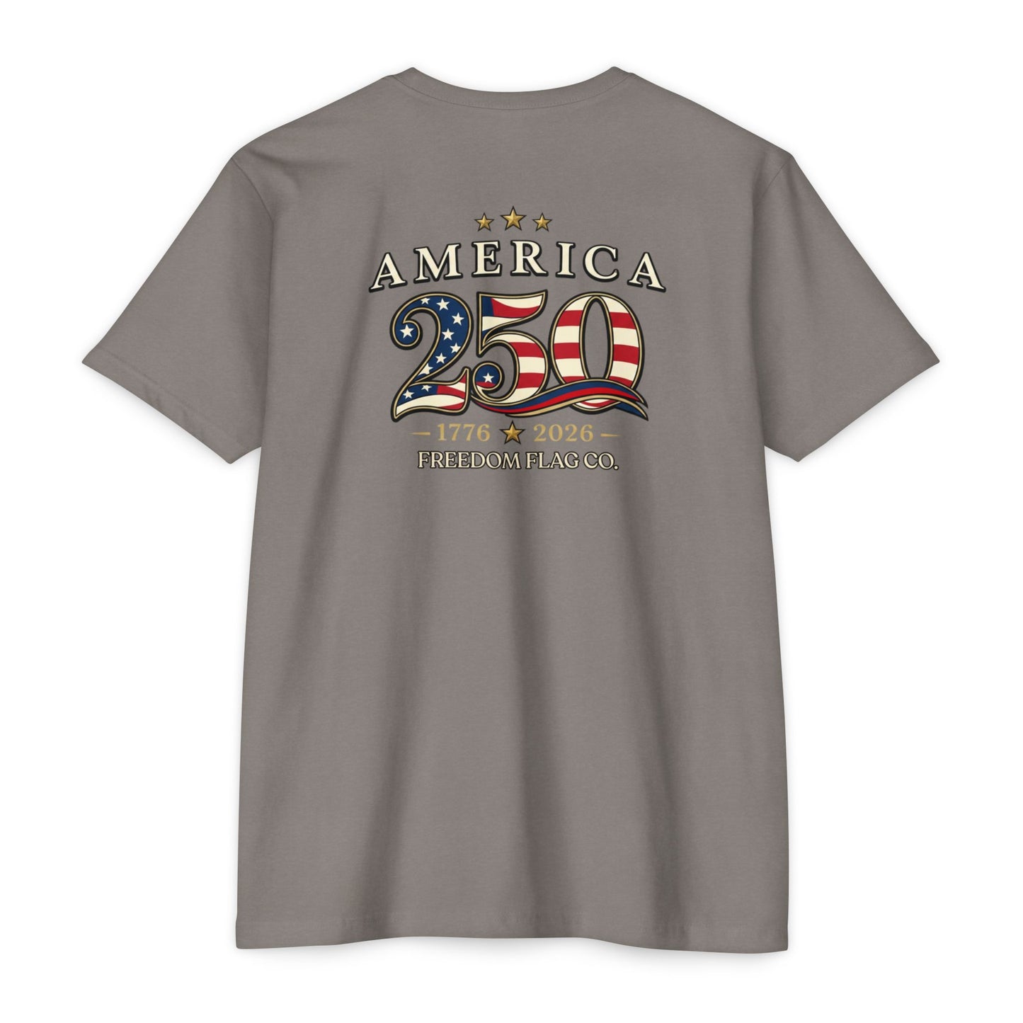 Gray t-shirt with 'America 250' design on the back, featuring stars and stripes, on a white background.