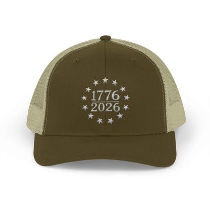 1776-2026 Patriotic Trucker Hat – Betsy Ross 13 Star Flag Cap, USA 250th Anniversary Snapback, American Freedom Hat