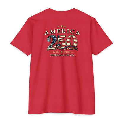 Red t-shirt with 'America 250' design on the back, featuring stars and stripes, on a white background.