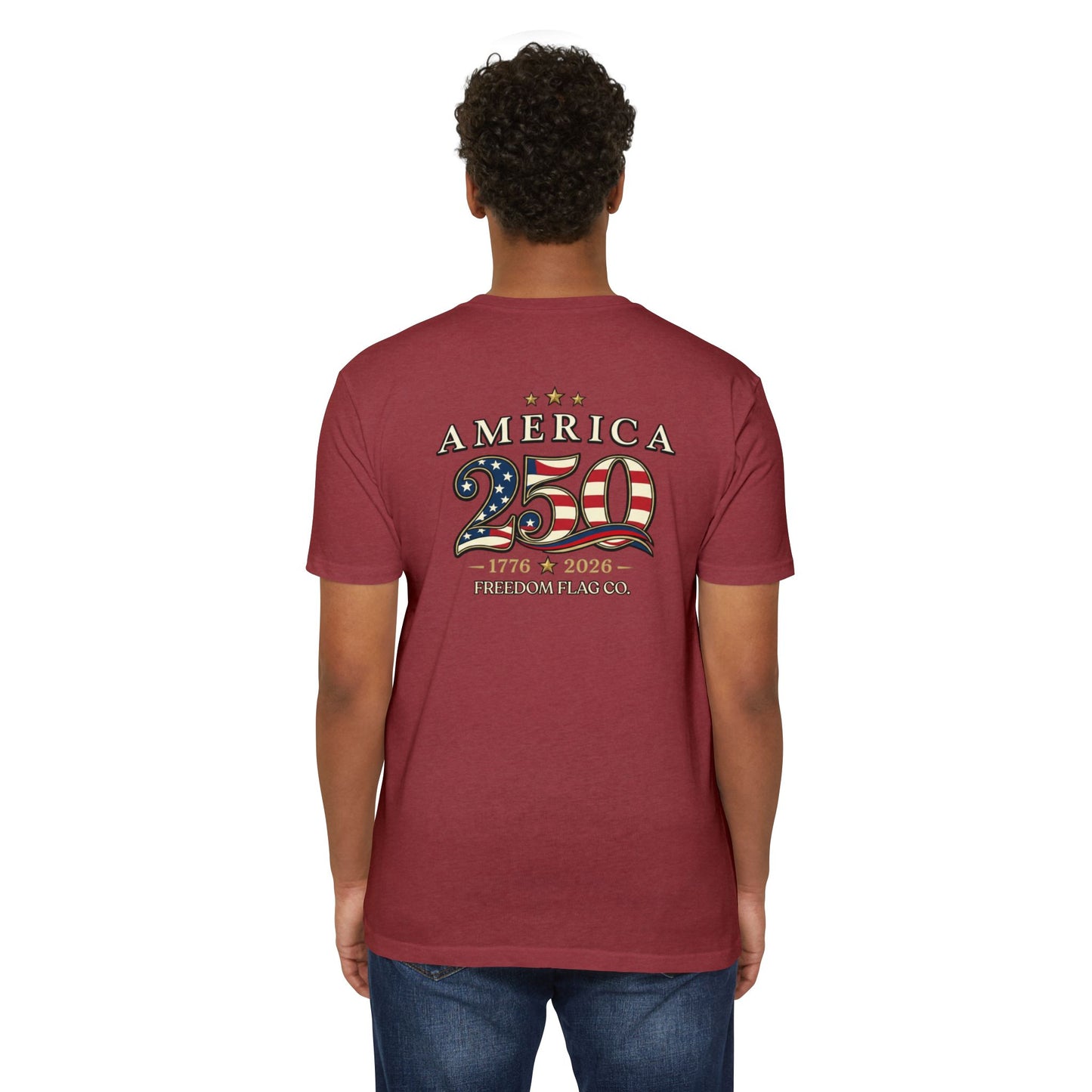 Person wearing a red t-shirt with 'America 250' design on the back, on a white background