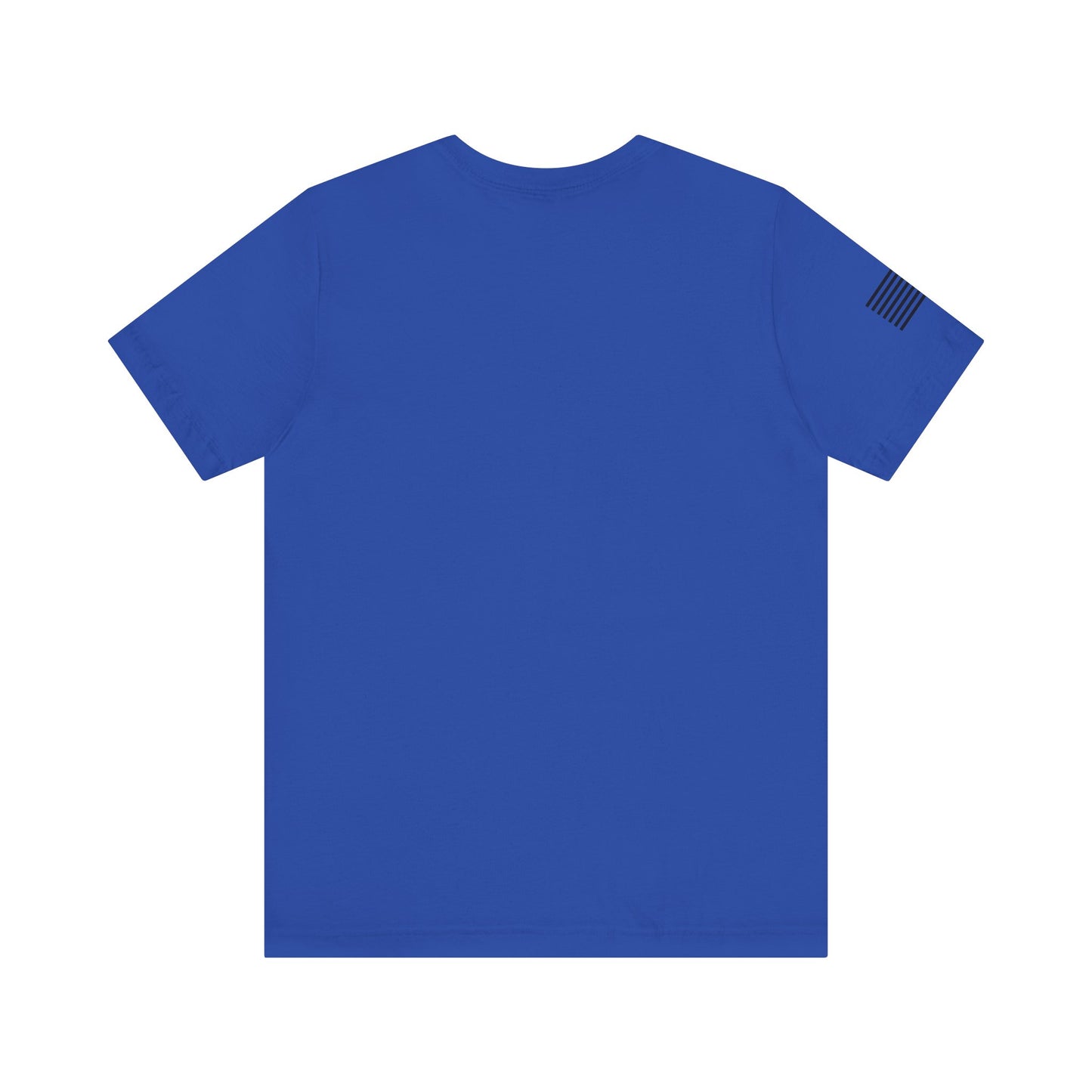 Blue t-shirt with a small flag patch on the sleeve against a white background