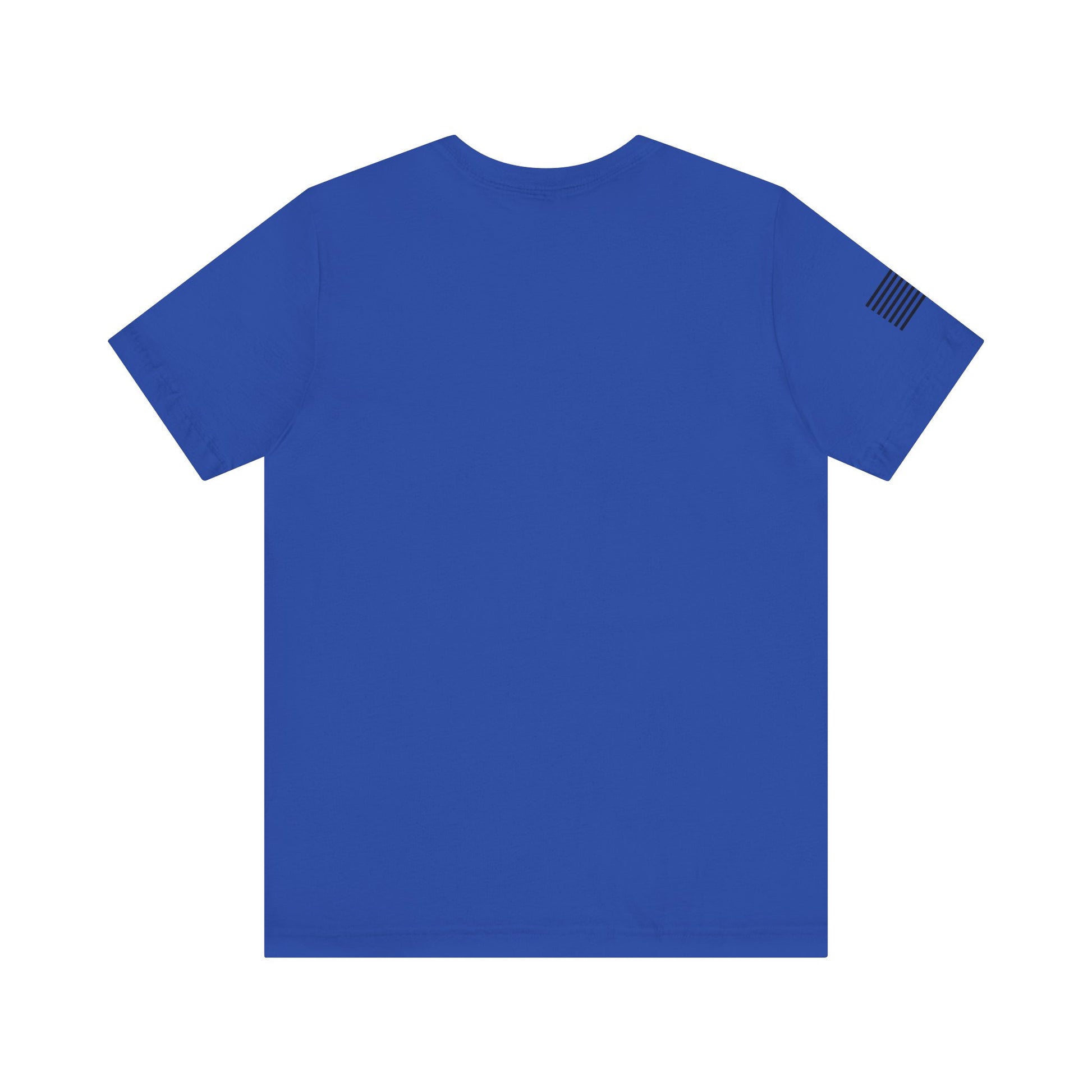 Blue t-shirt with a small flag patch on the sleeve against a white background