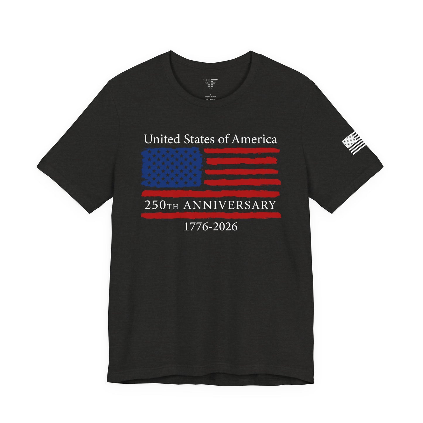 Black t-shirt with American flag design and text on a white background