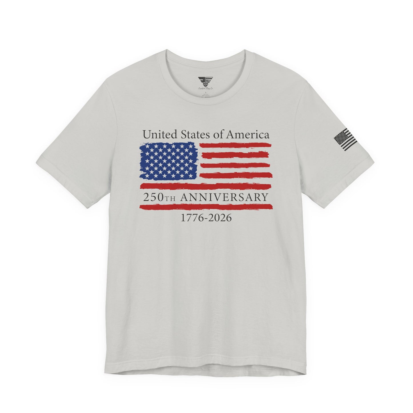 White t-shirt with American flag and text on a white background