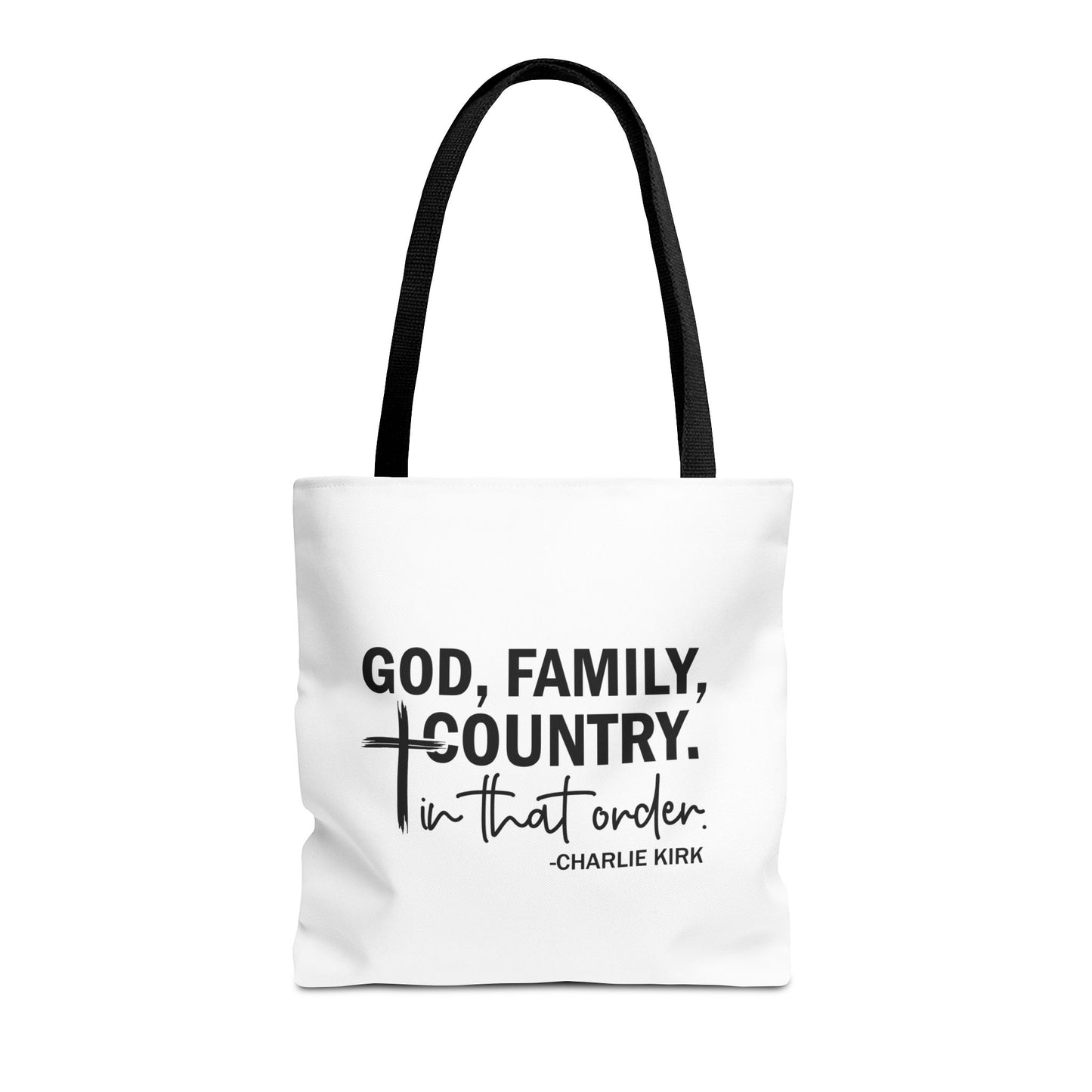 Charlie Kirk "God, Family, Country" Tote Bag – Patriotic Memorial Canvas Bag