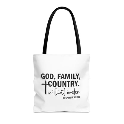 Charlie Kirk "God, Family, Country" Tote Bag – Patriotic Memorial Canvas Bag