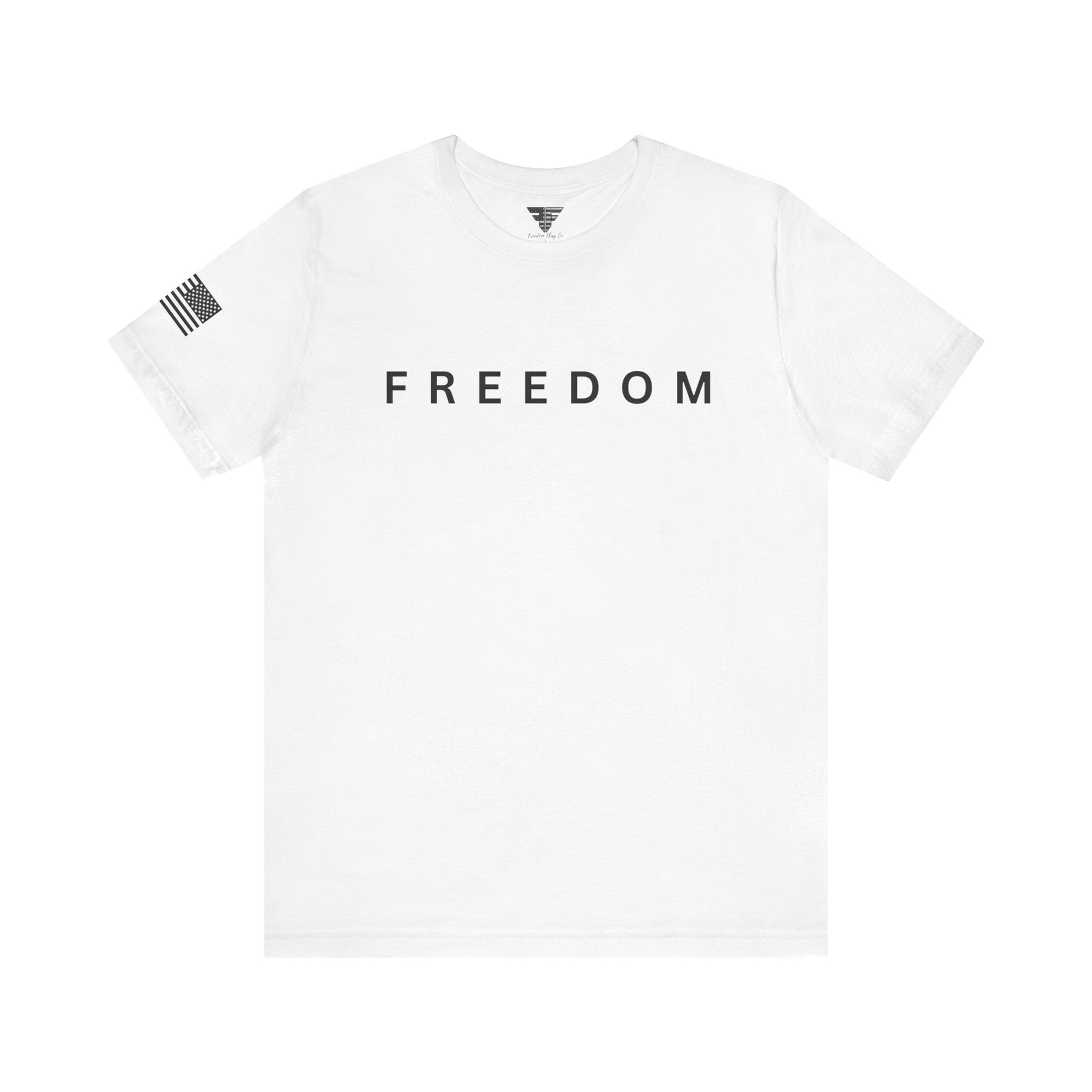 White t-shirt with 'FREEDOM' printed on it against a white background