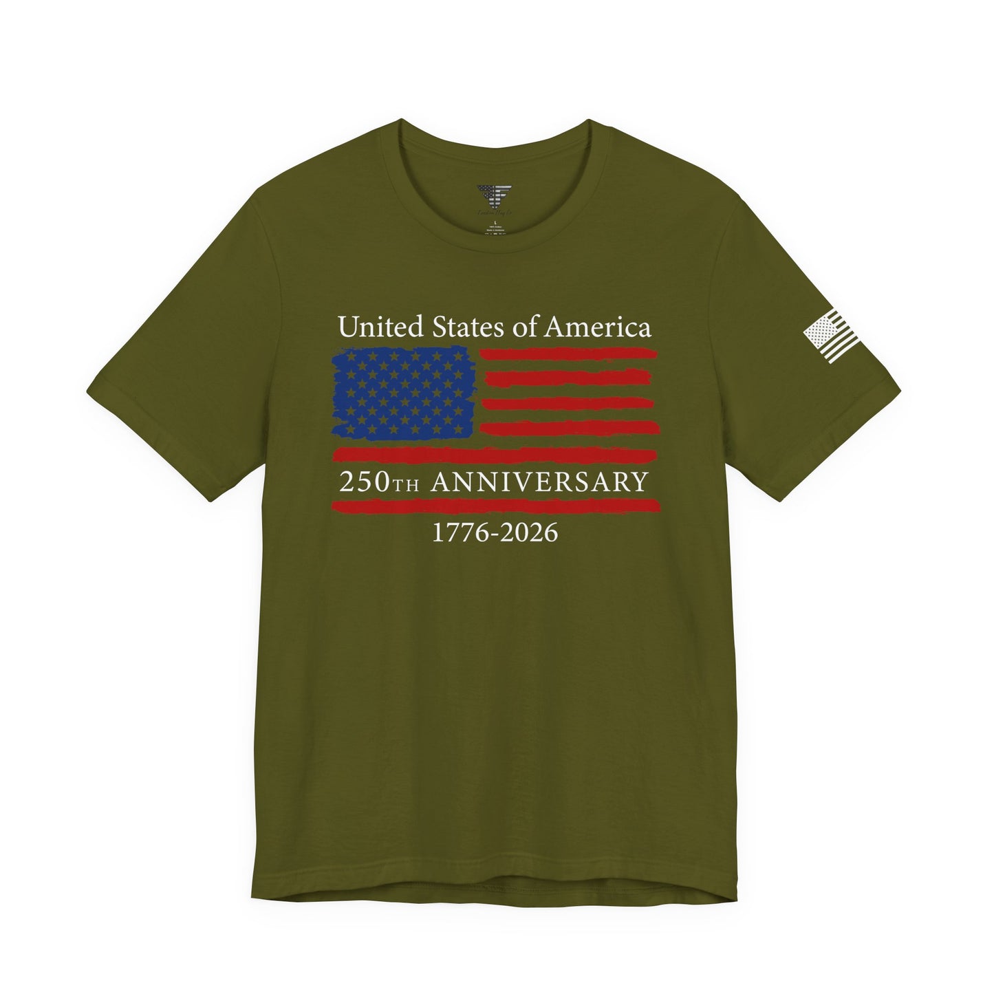 Olive green t-shirt with American flag design and text on a white background