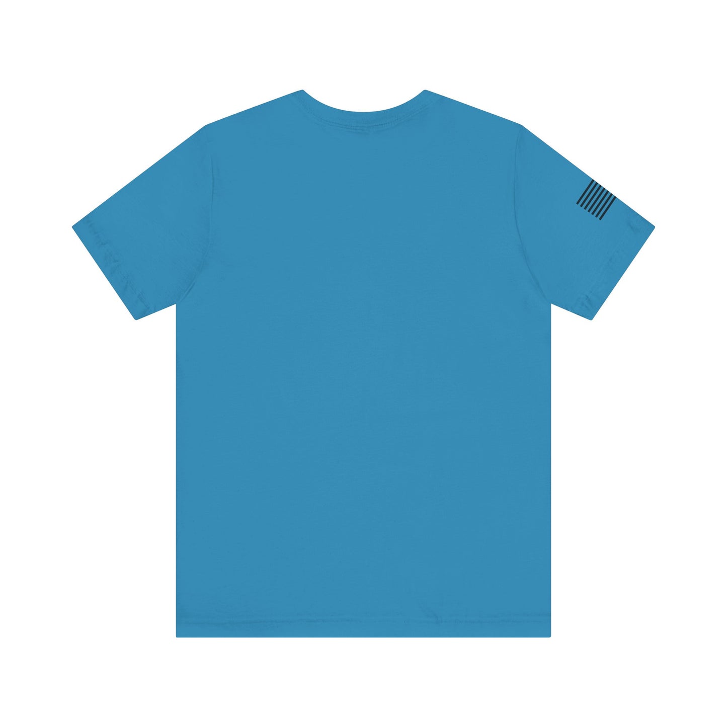 Blue t-shirt with a small flag patch on the sleeve against a white background