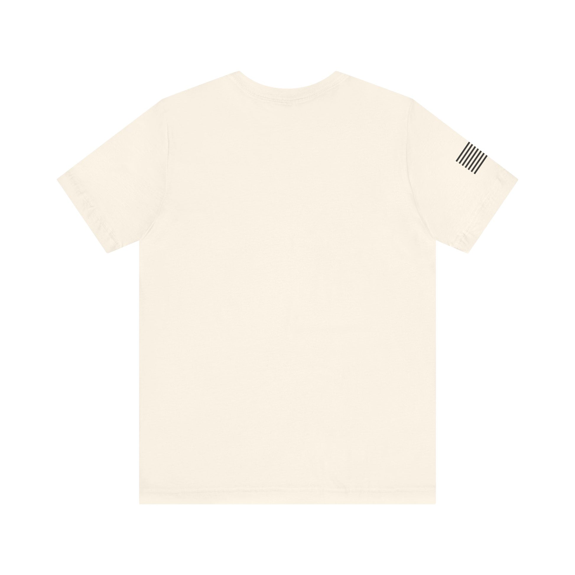Beige t-shirt with a small logo on the chest against a white background