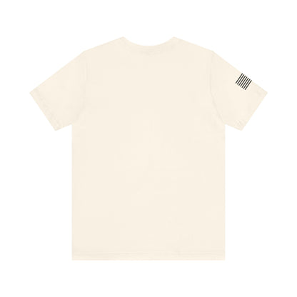 Beige t-shirt with a small logo on the chest against a white background