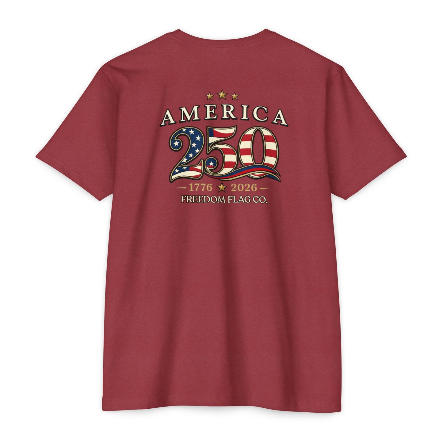 Maroon t-shirt with 'America 250' design on the back, featuring stars and stripes, on a white background.
