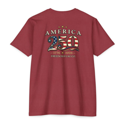 Maroon t-shirt with 'America 250' design on the back, featuring stars and stripes, on a white background.