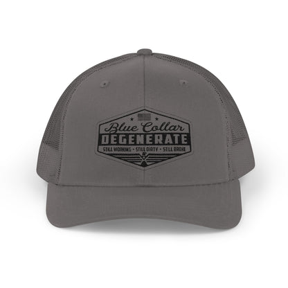 Blue Collar Degenerate Trucker Hat – Snapback Mesh Cap for Hardworking Americans