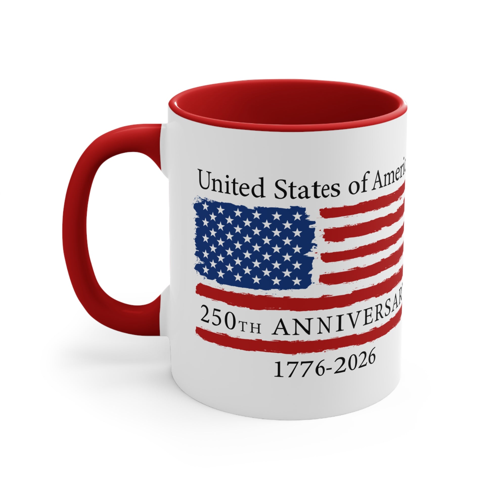 Mug with American flag design and text celebrating the 250th anniversary of the United States on a white background.