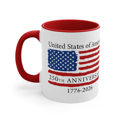 Mug with American flag design and text celebrating the 250th anniversary of the United States on a white background.