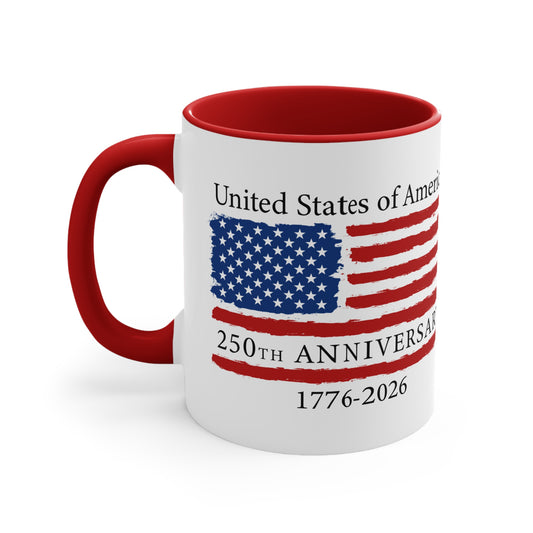 Mug with American flag design and text celebrating the 250th anniversary of the United States on a white background.