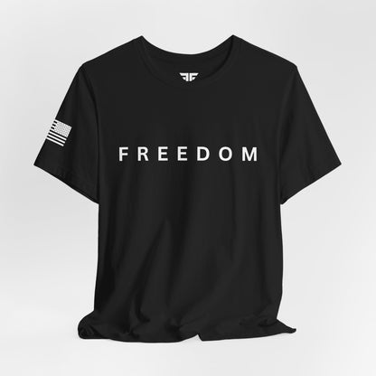 Black t-shirt with 'FREEDOM' text on a white background