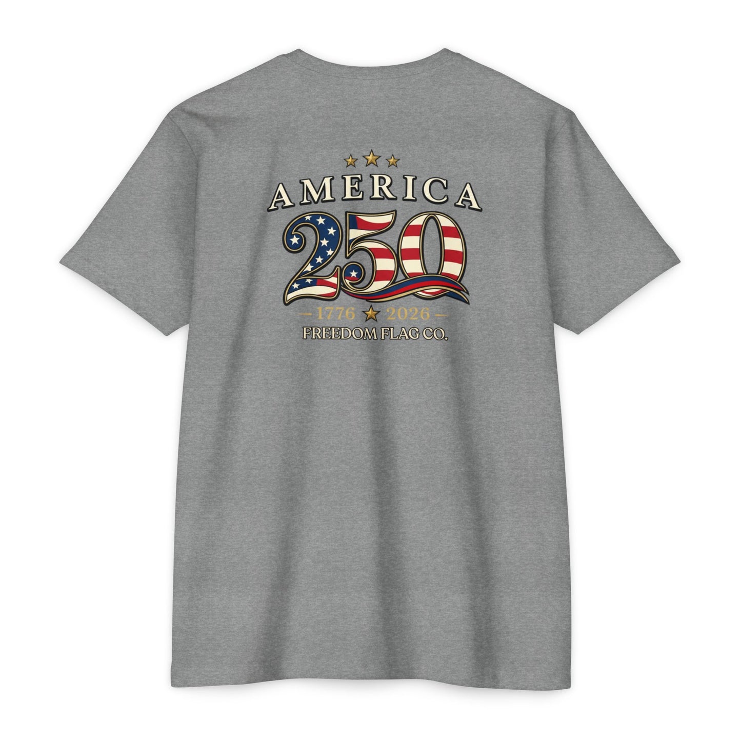 Gray t-shirt with 'America 250' design on the back, featuring stars and stripes, on a white background.