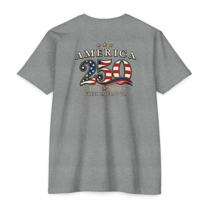 Gray t-shirt with 'America 250' design on the back, featuring stars and stripes, on a white background.
