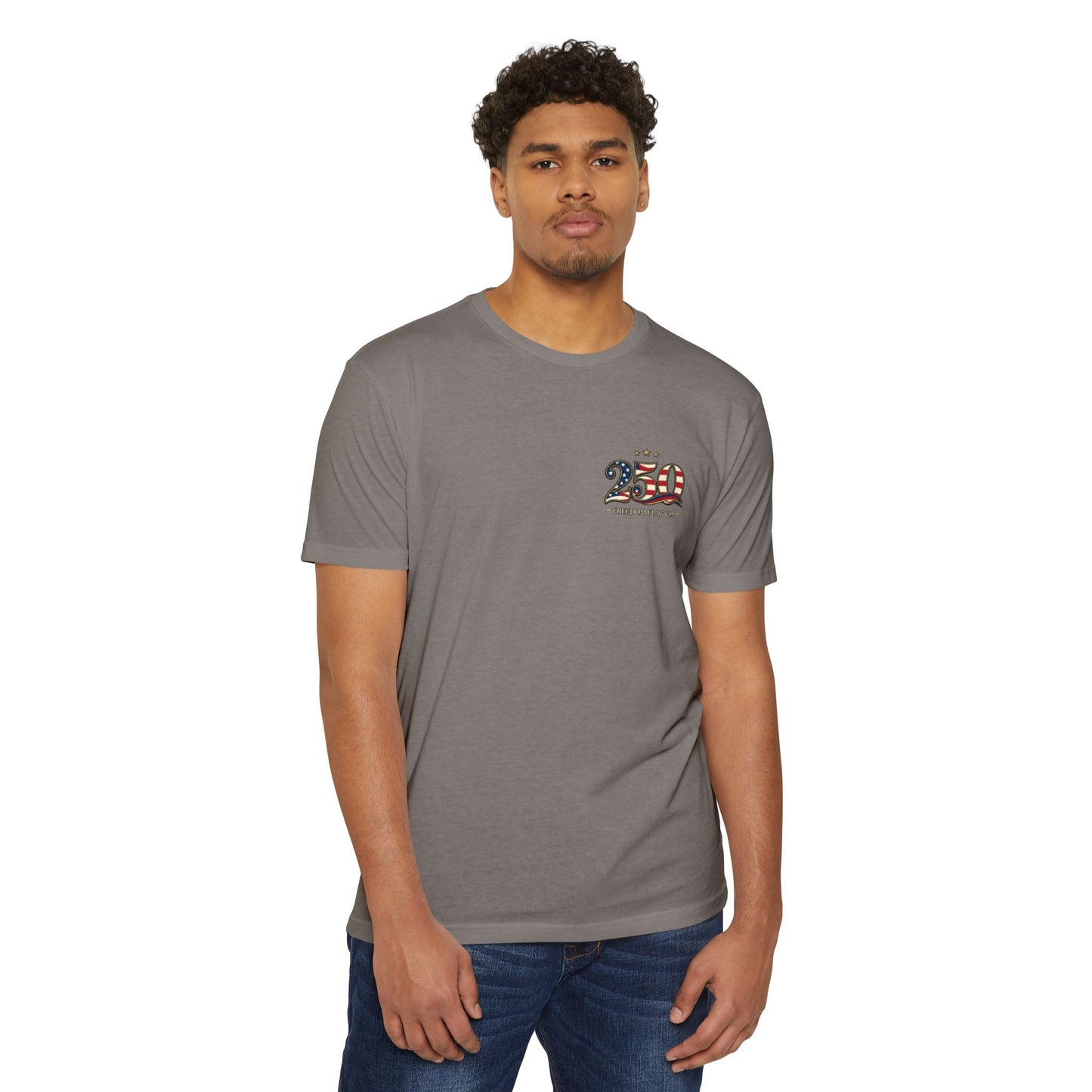 Man wearing a gray t-shirt with a logo on a white background