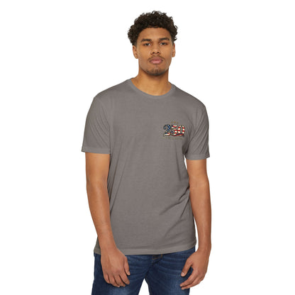 Man wearing a gray t-shirt with a logo on a white background