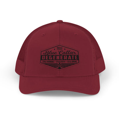 Blue Collar Degenerate Trucker Hat – Snapback Mesh Cap for Hardworking Americans