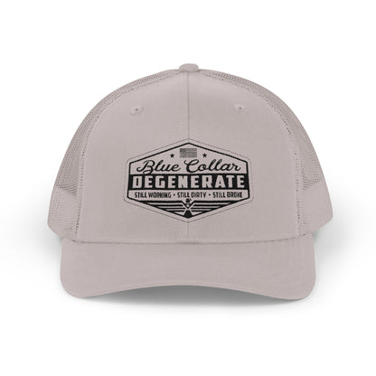 Blue Collar Degenerate Trucker Hat – Snapback Mesh Cap for Hardworking Americans