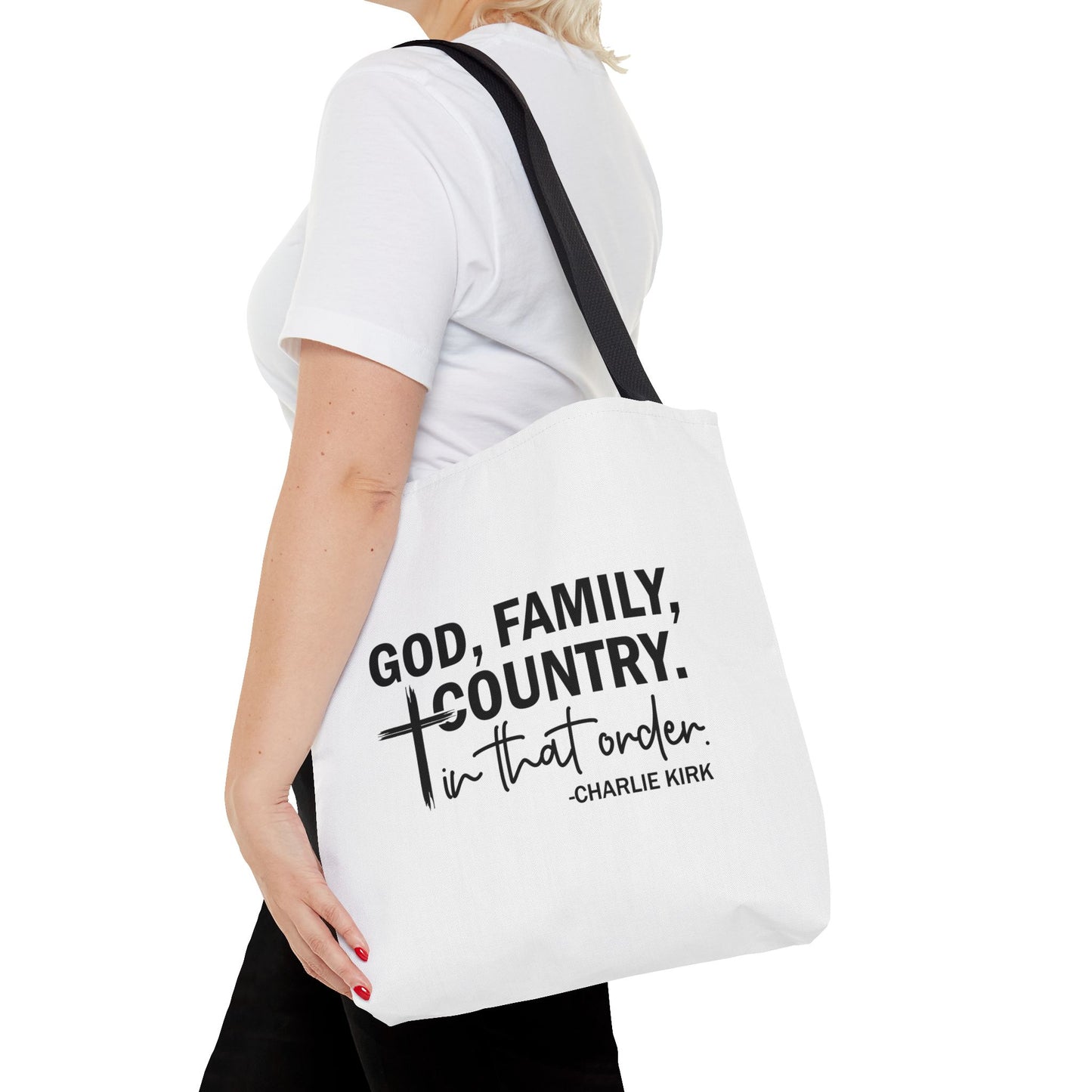 Charlie Kirk "God, Family, Country" Tote Bag – Patriotic Memorial Canvas Bag