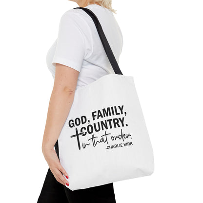 Charlie Kirk "God, Family, Country" Tote Bag – Patriotic Memorial Canvas Bag