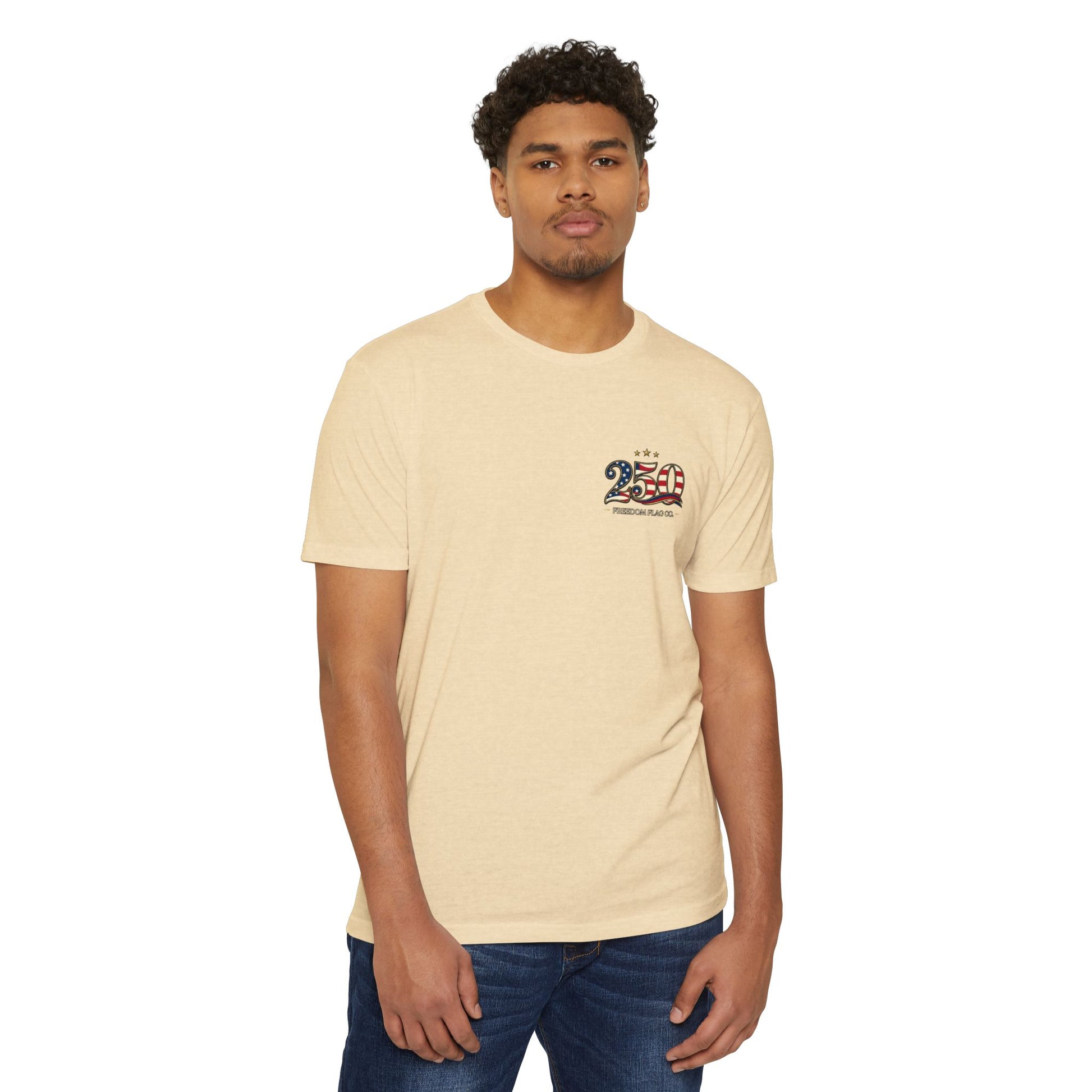 Man wearing a beige t-shirt with a graphic design on a white background