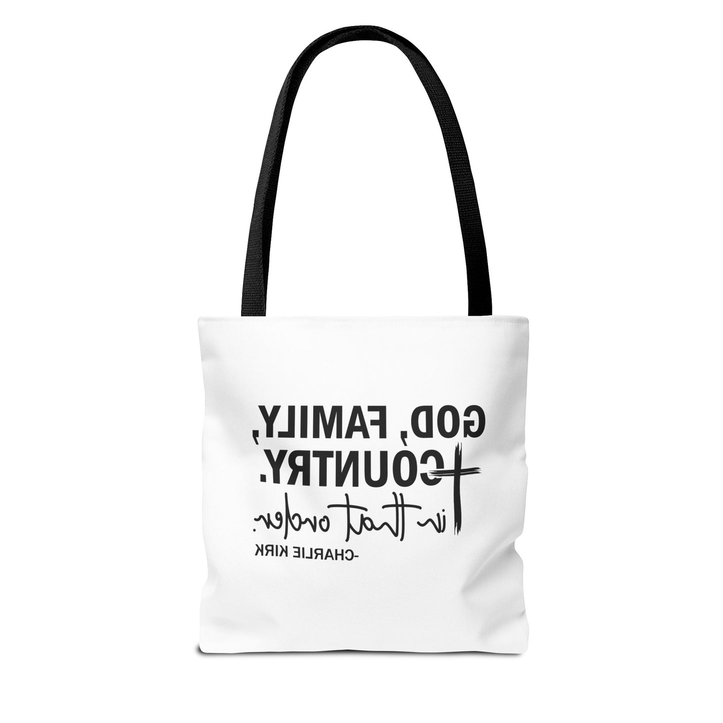 Charlie Kirk "God, Family, Country" Tote Bag – Patriotic Memorial Canvas Bag