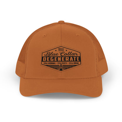 Blue Collar Degenerate Trucker Hat – Snapback Mesh Cap for Hardworking Americans