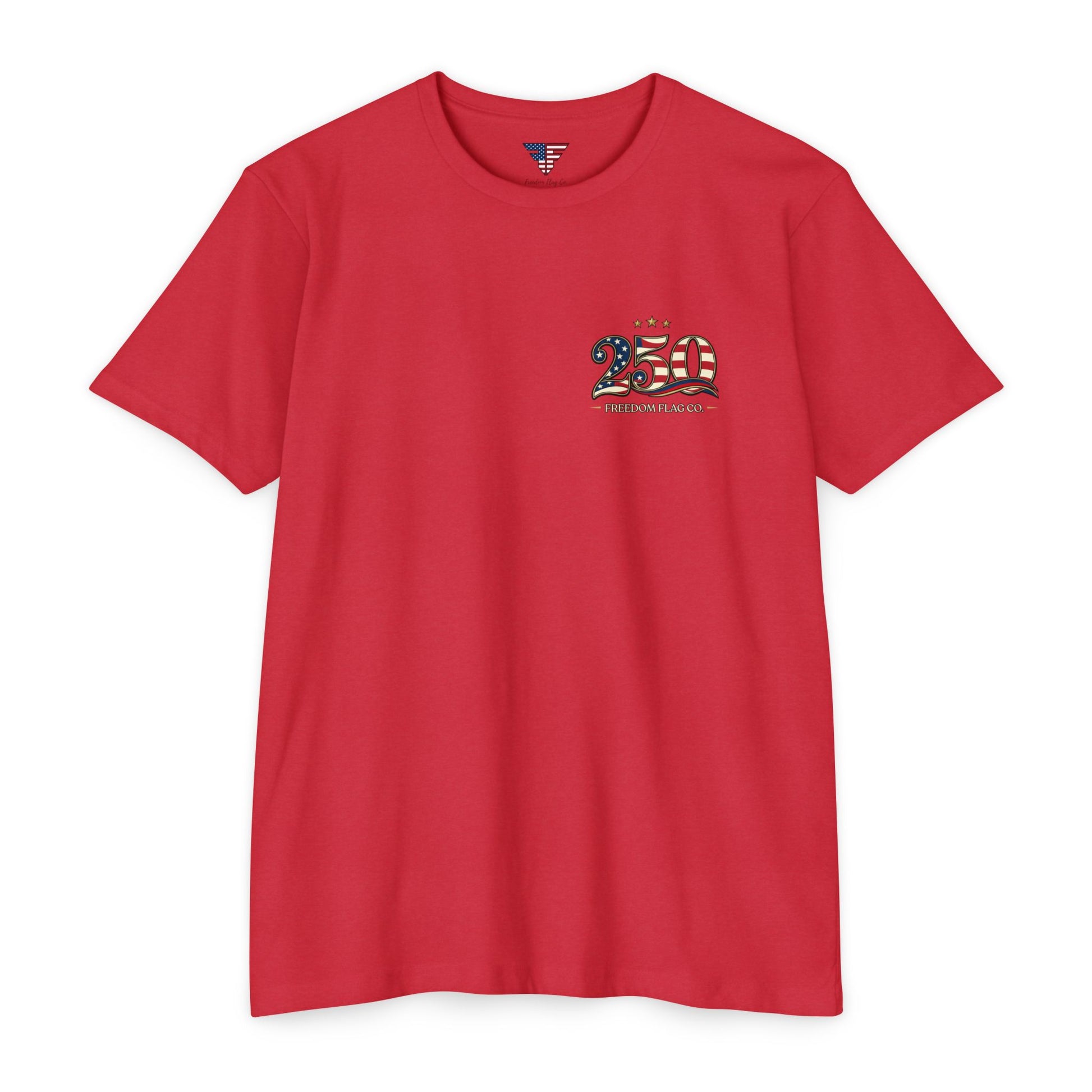 Red t-shirt with a graphic design on a white background