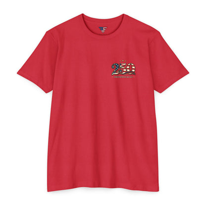 Red t-shirt with a graphic design on a white background