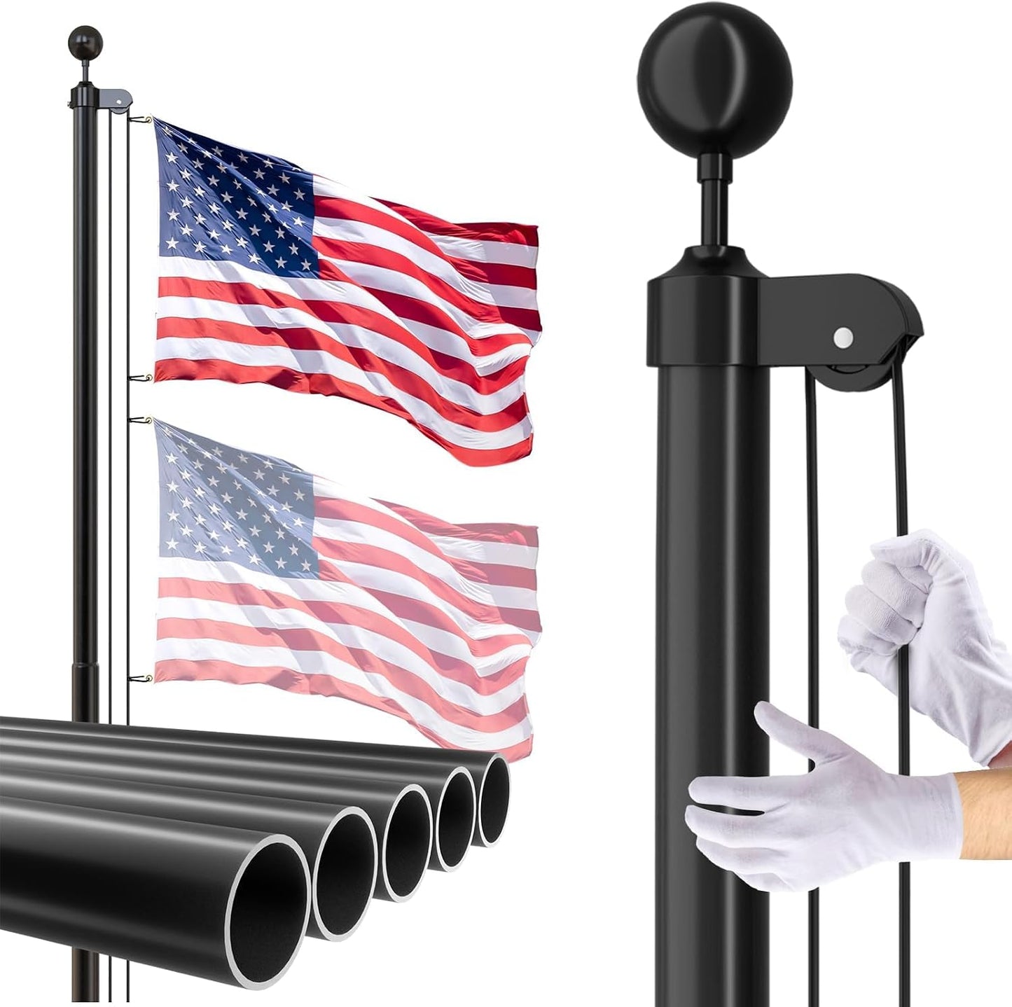 Black flagpole with American flags and a person wearing white gloves