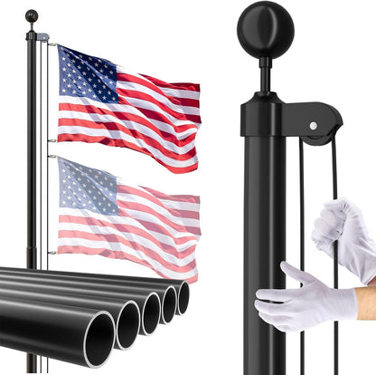 Black flagpole with American flags and a person wearing white gloves