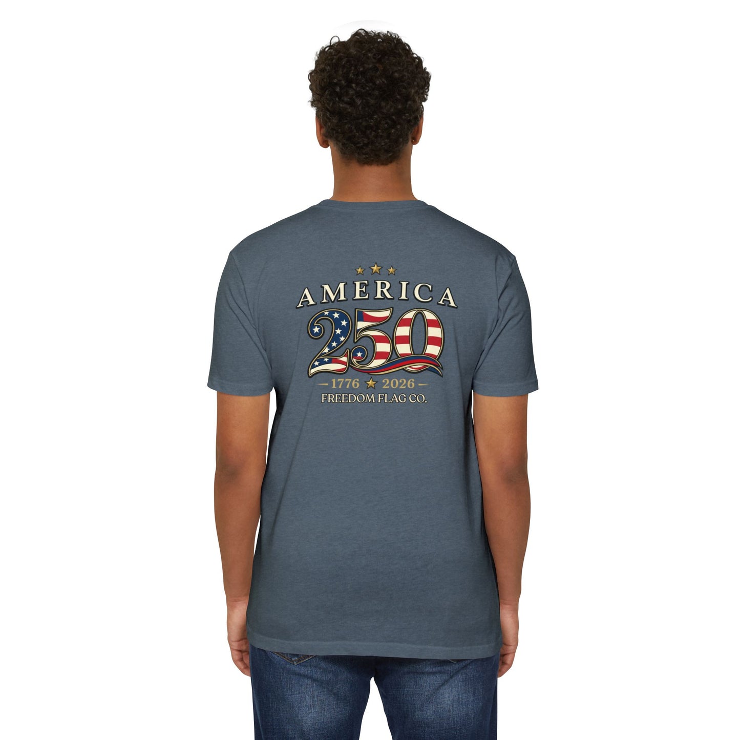 Person wearing a blue t-shirt with 'America 50' design on the back, featuring an American flag.