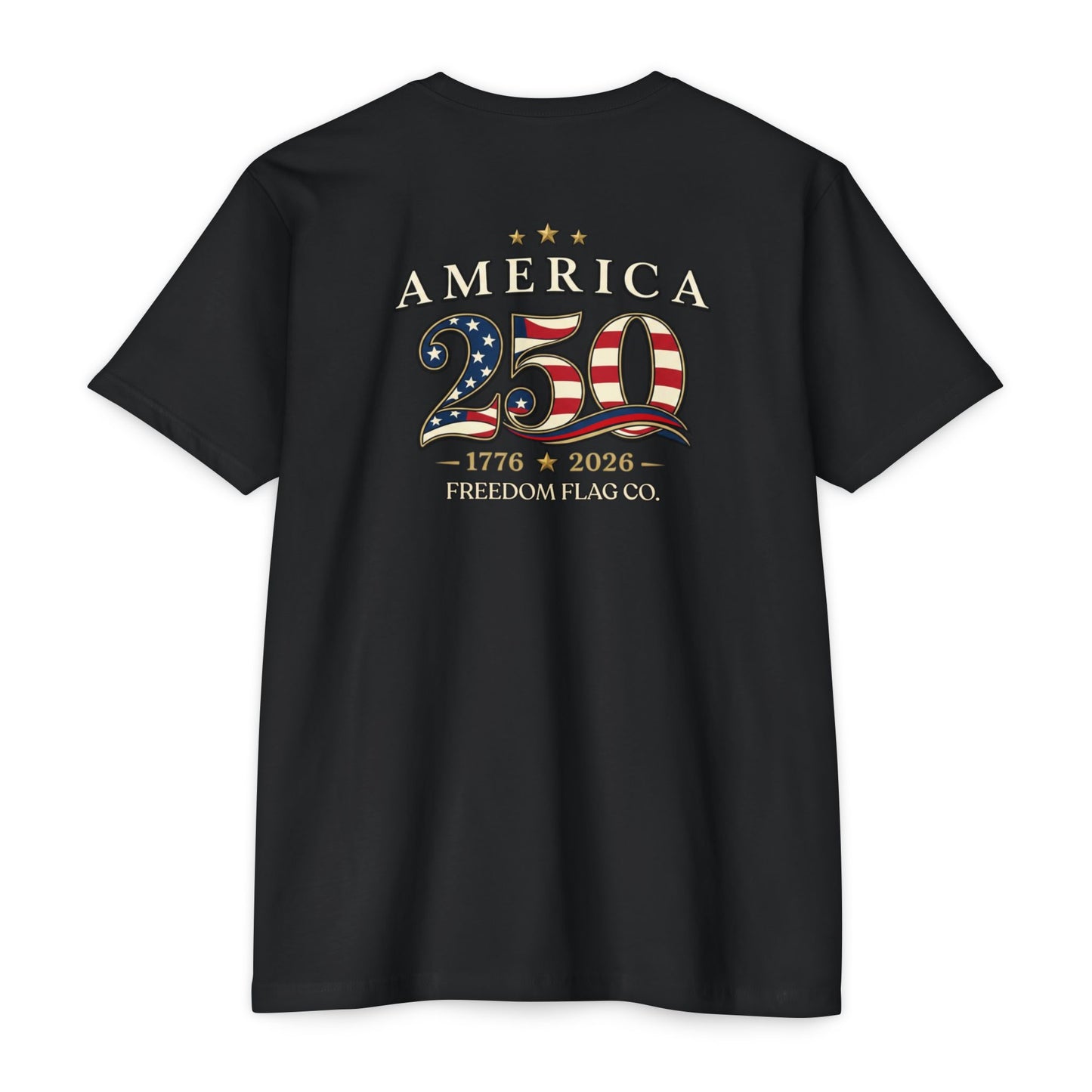 Black t-shirt with 'America 250' design featuring stars and stripes on a white background