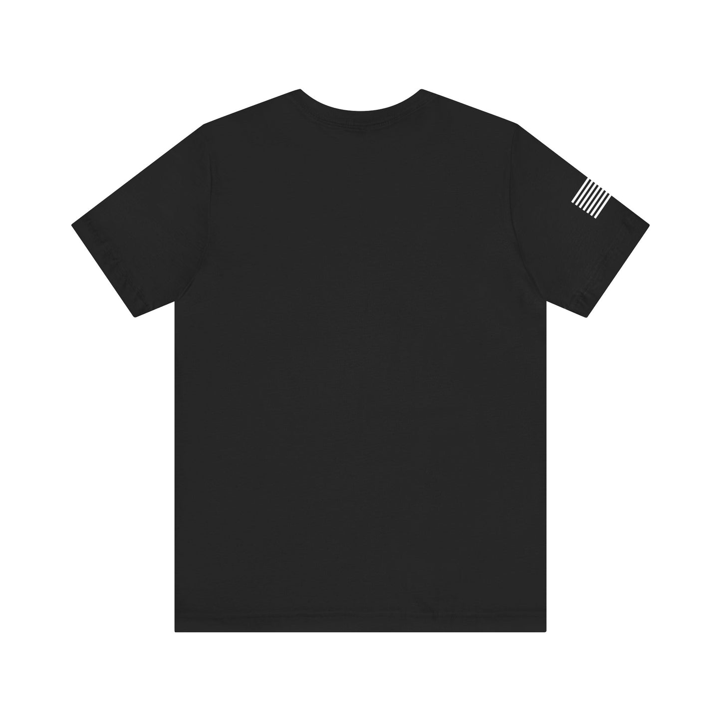 Black t-shirt with a small flag design on the sleeve against a white background