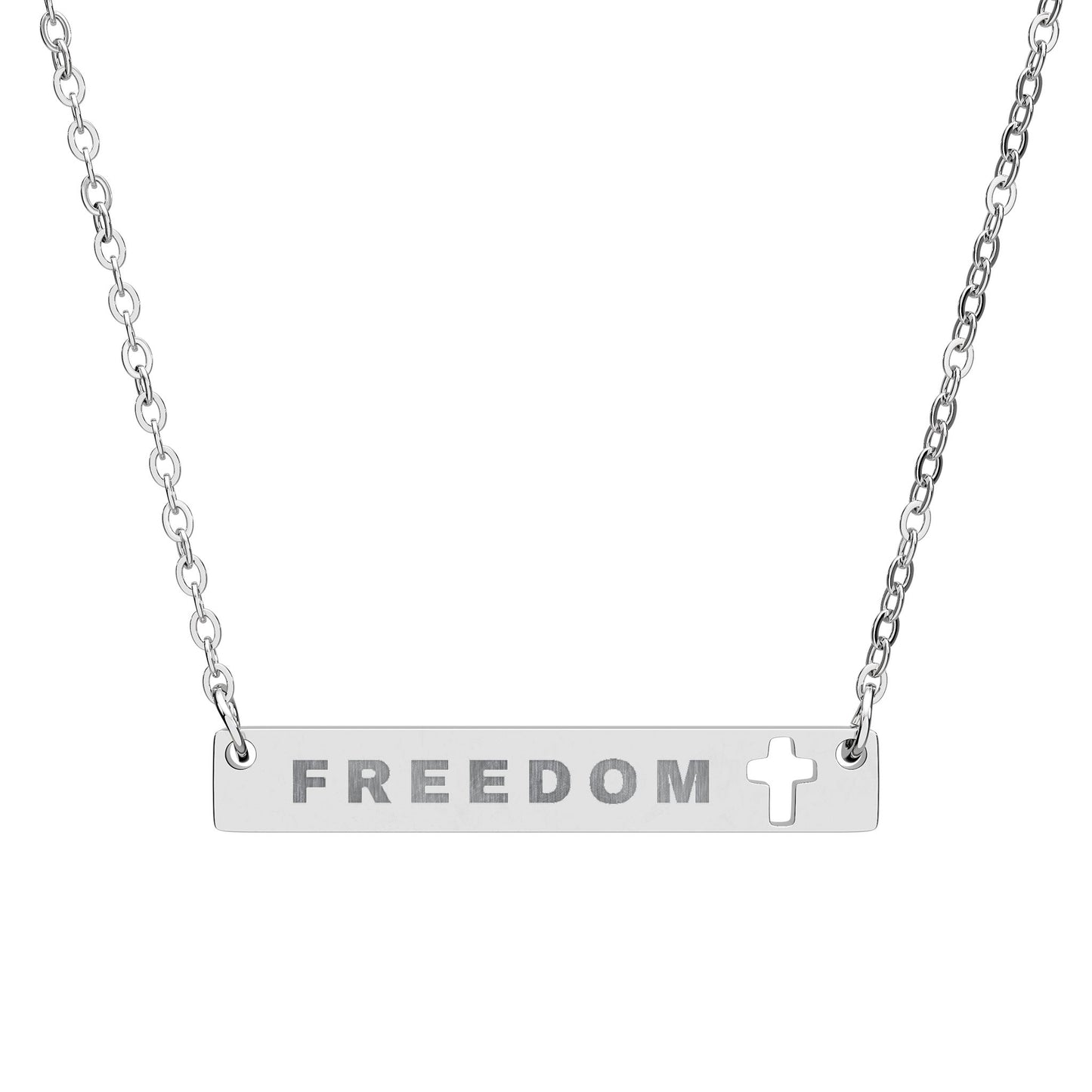 FREEDOM Bar Necklace with Cross Cutout – Minimalist Stainless Steel Christian Jewelry