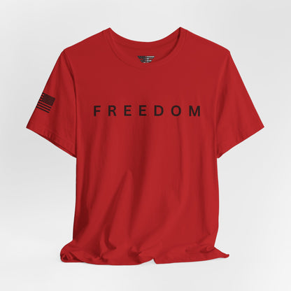 Red t-shirt with 'FREEDOM' printed on it against a white background