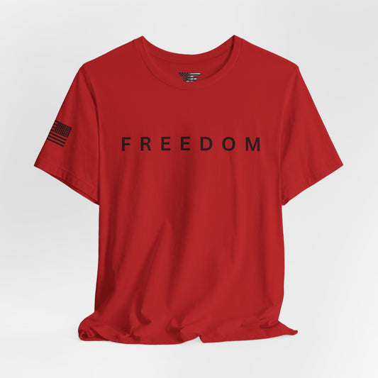 Red t-shirt with 'FREEDOM' printed on it against a white background