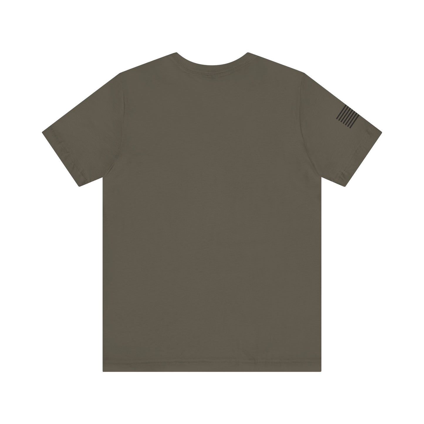Brown t-shirt with a patch on the sleeve against a white background
